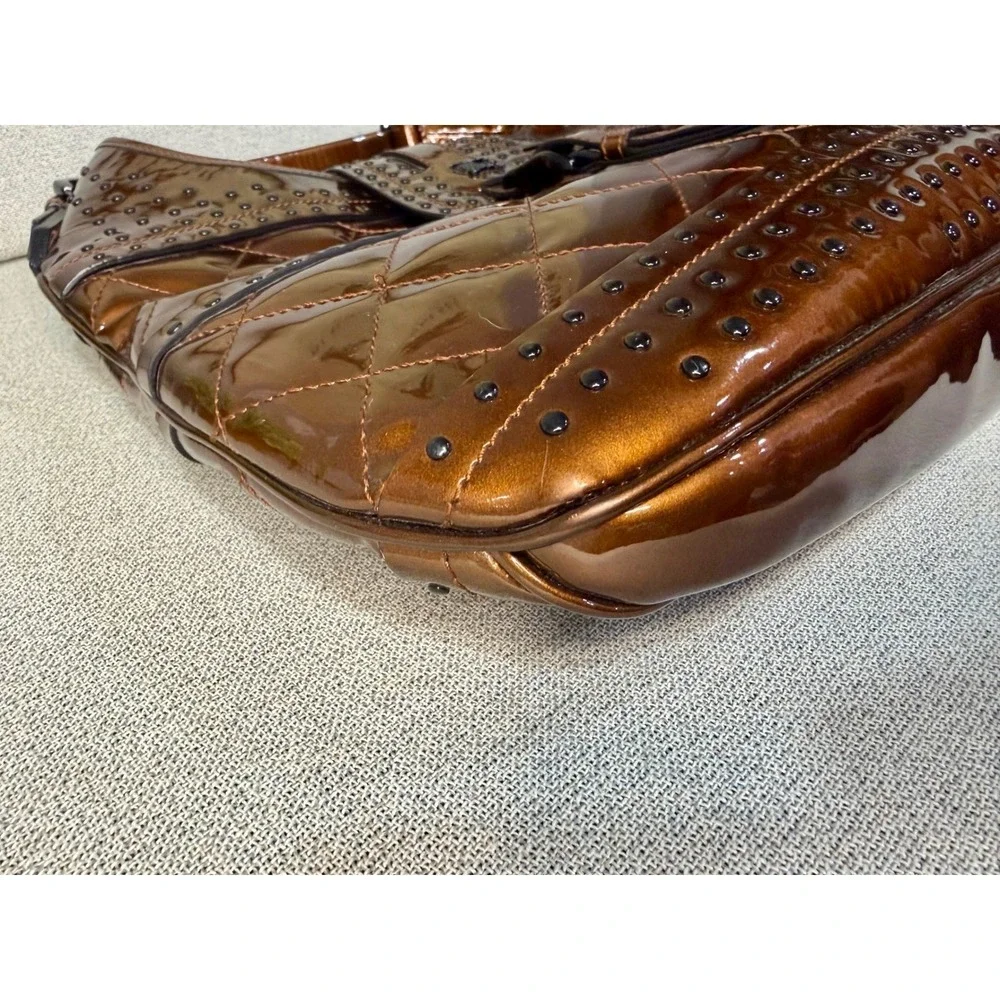 Burberry Prorsum Metallic Bronze Quilted Patent Leather Studded Hobo‎ Bag Italy